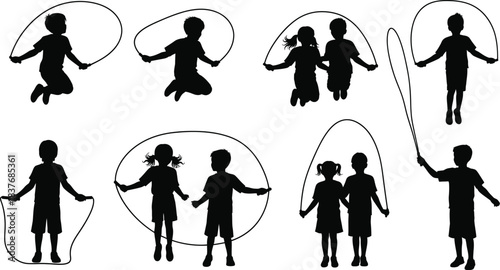 Children enjoying jump ropes in various poses on transparent background silhouette