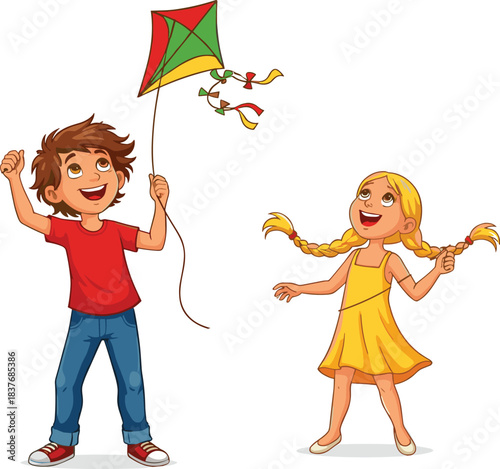 Happy children flying colorful kite outdoors, summer activity, playful boy and girl enjoying windy day, childhood fun, family bonding.