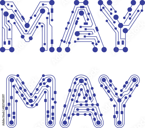 may technology themed month, circuit board design for spring, electronic may lettering vector graphic
