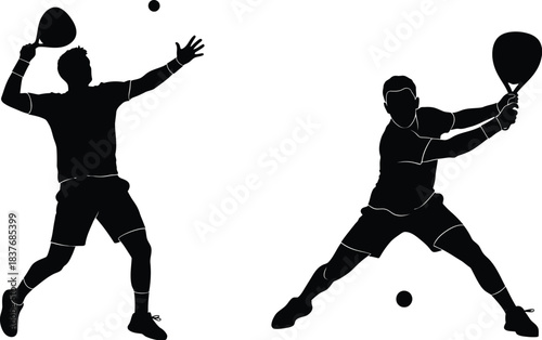 Two tennis players in action dynamic poses black silhouette on transparent background