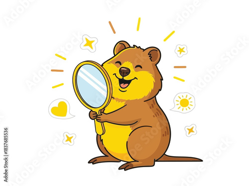 A cute cartoon quokka holding a mirror and smiling happily, surrounded by sparkles and hearts.