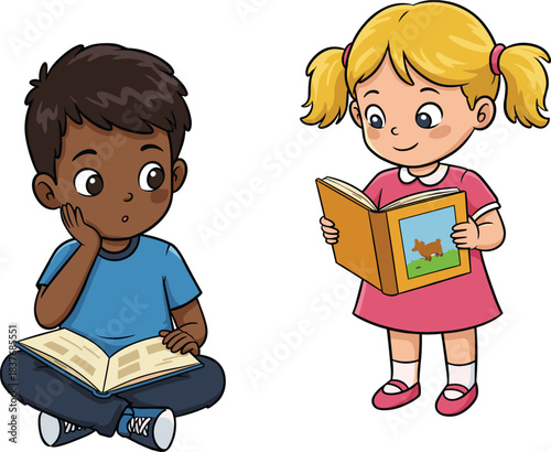 Happy children reading books together, cute boy sitting with open book, girl standing holding picture book, learning, education, kids reading