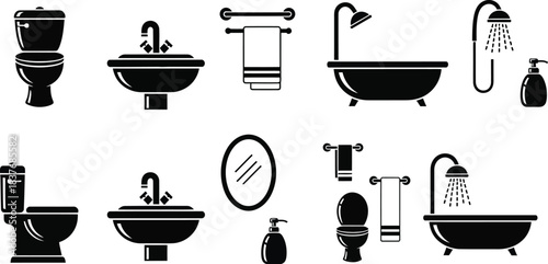Black bathroom fixtures and accessories collection on transparent background silhouette