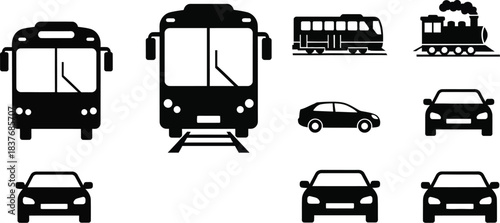 Collection of various transportation vehicles in black silhouette on transparent background
