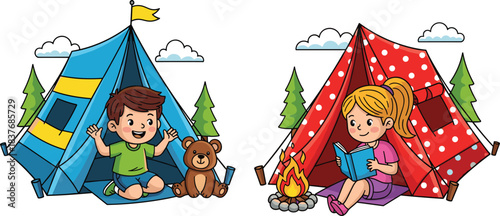 Happy kids camping in forest, enjoying outdoor adventure with tents, reading book, sitting by fire, playing with teddy bear.