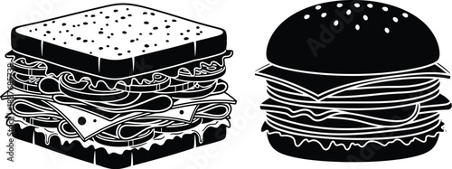 Two delicious fast food sandwiches a detailed silhouette on transparent background