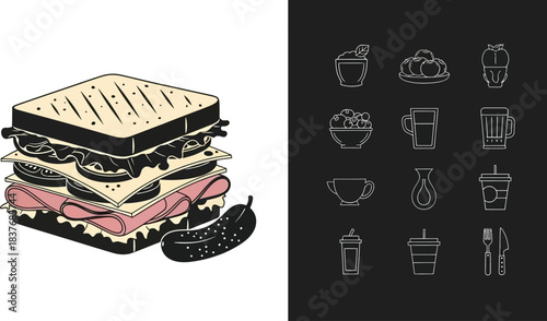 Detailed sandwich illustration with coffee and dining icons on transparent background silhouette