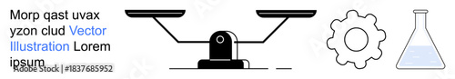 Science, technology, innovation, analysis, experiments, mechanics. Balance scale, gear and laboratory flask in a minimalist style. Science and technology concepts