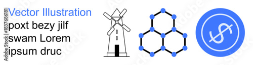 Sustainability, science innovation, renewable energy, financial growth, technology, eco-friendly concepts. Windmill, molecular hexagonal structure dollar in circle. Renewable energy and science