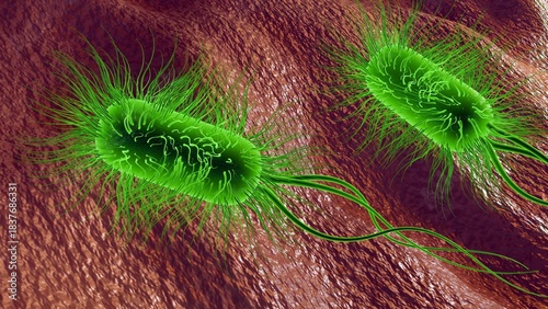 Photos 3D illustration of illuminated bacteria, glowing vibrant green, directly connects to natural bioluminescence, representing light-producing cells found in nature