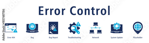 Error Control banner with icons of Error 404, Bug, Bug Report, Troubleshooting, Network, System Update and Placeholder.