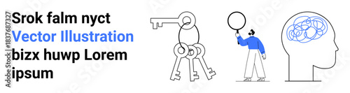 Keys symbolize solutions, a person holds a magnifying glass investigating, brain represents abstract ideas and problem-solving. Ideal for brainstorming, creativity, education, psychology, innovation