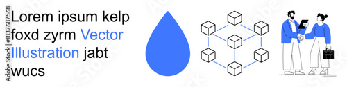 Blockchain technology, business collaboration, water conservation, digital networking, teamwork, sustainability. Blue water drop, network of cubes two professionals shaking hands. Blockchain