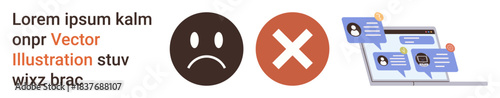 Communication, feedback, online interaction, miscommunication, digital platforms, error warnings. Sad face and error symbol alongside a chat interface. Communication and feedback visually