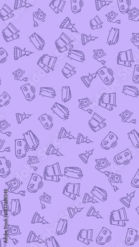 Purple vertical background with snacks, purses, monuments, and radios suitable for travel-themed designs, radio station promotions, food-related content, and artistic projects.