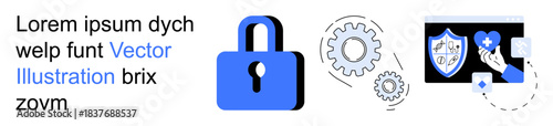 Cybersecurity, data protection, online privacy, authentication, digital safety, system security. A lock, gears shield and hand interacting with a screen. Cybersecurity and data protection
