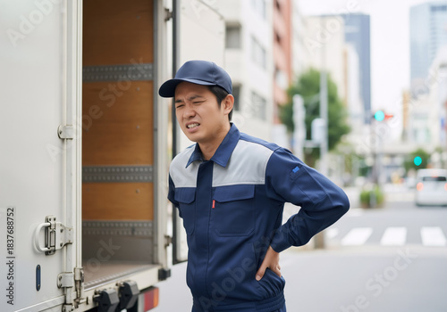 Japanese Delivery Driver Suffering from Back Pain Beside Truck
