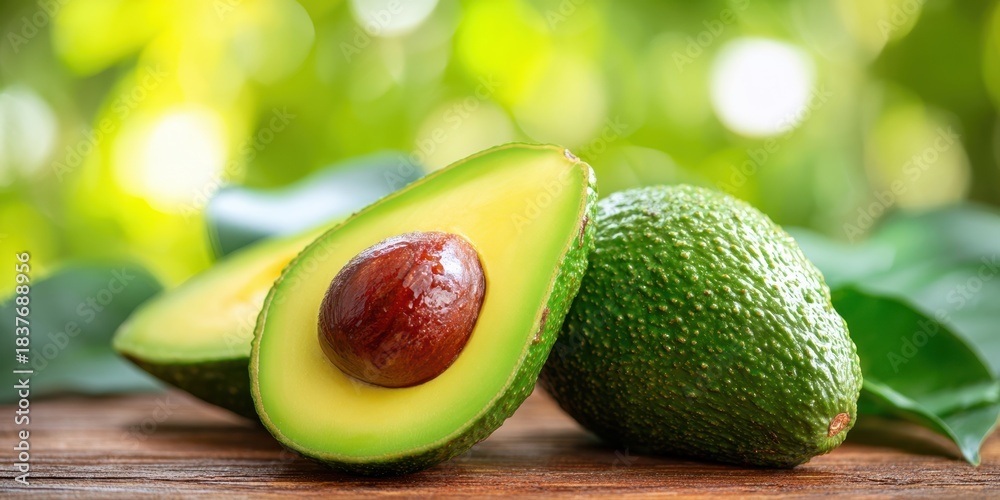 Fototapeta premium The Avocado Halves on Wooden Surface with Bright Bokeh Background