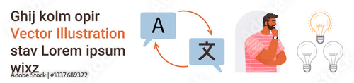 Language learning, global communication, creativity, idea development, cross-cultural exchange, multilingual thinking. Speech bubbles with language icons and a person thinking near lightbulbs