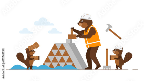 Beavers in hard hats and safety gear building a dam with logs and tools