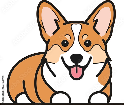 A cute cartoon Corgi dog with brown and white fur, lying down and smiling happily with its tongue out.