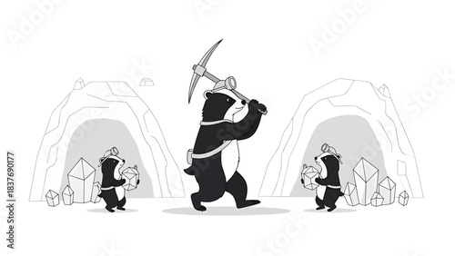 Badger Family Mining Precious Crystals with a Pickaxe