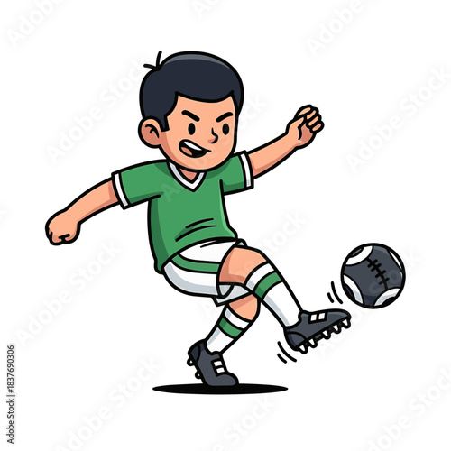 Cartoon boy in green soccer uniform kicking a football