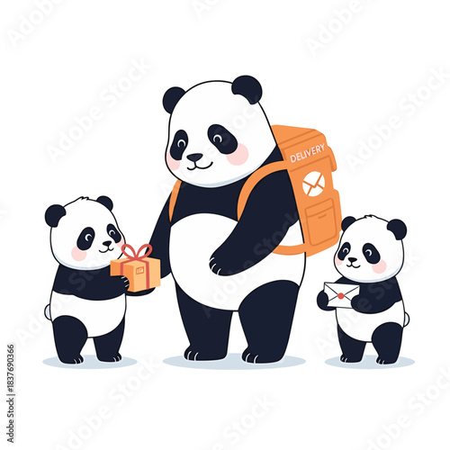 Adorable Panda Family Delivering and Receiving Gifts and Mail
