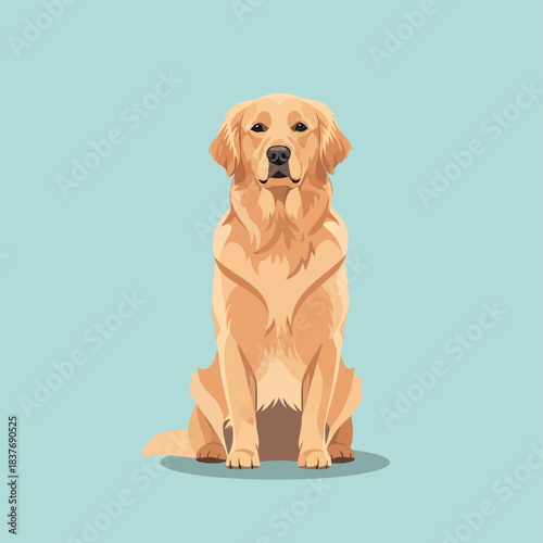 A full-body illustration of a golden retriever dog sitting attentively against a solid light blue background.