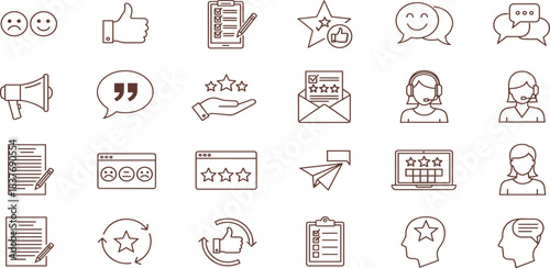 Customer Feedback Icons: A collection of various icons depicting customer feedback, emotions, reviews, and satisfaction, ideal for websites, apps, or presentations. 