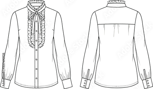 Blouse fashion sketch, front and back view technical illustration, high ruffled collar with bowBlouse fashion sketch, front and back view technical illustration, high ruffled collar with bow