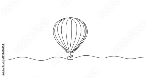 Vintage illustration of a hot air balloon drifting across a simple landscape,hot air balloon continuous one line art drawing,