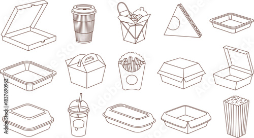 Food Packaging: A monochrome illustration of diverse food packaging, showcasing various containers for takeout and delivery, emphasizing convenience and culinary versatility.