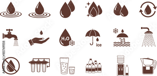 Monochrome vector icons representing essential water concepts. Features natural states, human consumption, purification, and conservation, highlighting water's crucial role in daily life