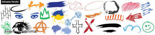 Mixed Brush Stroke and Symbol Doodle Icon Set With Eyes, Arrows, Crown, Cross, Sun, Paint Strokes and Abstract Shapes – Creative Vector Illustration Pack With Hand Drawn Style and Editable Stroke.