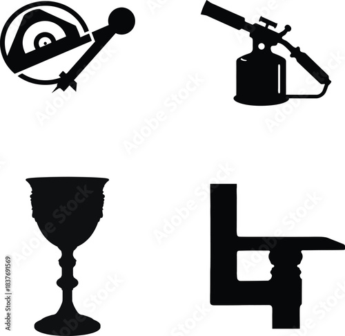 Black Silhouettes of Vintage Tools and Goblet antique blowtorch