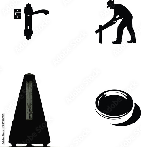 Four black and white icons of a door handle, woodcutter, metronome, and button on white background Keywords: icon