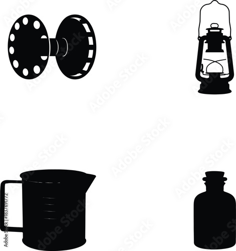 Flange, Oil Lamp, Measuring Cup and Bottle Silhouettes Keywords: flange, pipe, connection, industrial, oil lamp