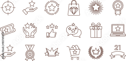 Set of 15 outline icons representing awards, achievements, quality, and customer satisfaction, perfect for business and marketing