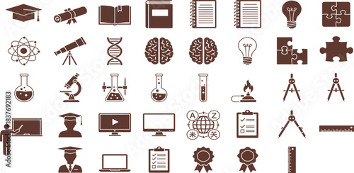Diverse collection of educational and scientific icons representing learning, research, and discovery