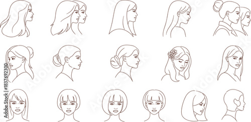 Collection of diverse female profile and frontal portraits, showcasing various hairstyles and head orientations in a minimalist line art style