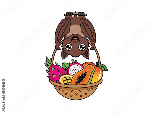 A cute cartoon bat hanging upside down from a basket filled with tropical fruits like dragon fruit, papaya, and mangoes.