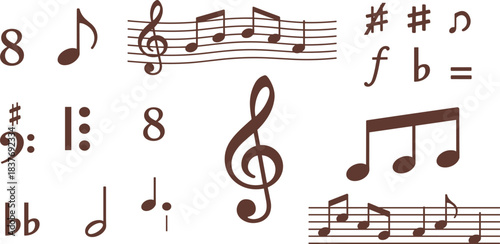 A Collection of Musical Notation Symbols, Including Clefs, Notes, and Rests, on a White Background