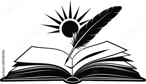 Open book feather and sunburst design element on transparent background silhouette