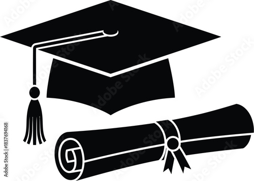 Graduation cap and diploma scroll a black silhouette on transparent background