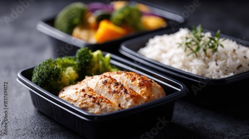 High-protein meal prep boxes with chicken, rice, and vegetables, fitness meal concept