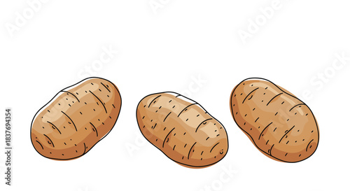 Three whole raw potatoes with brown skin in a simple hand-drawn sketch style isolated on a plain white background.