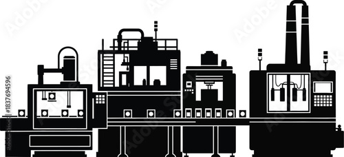 Industrial cityscape design with factory buildings and structures on transparent background silhouette