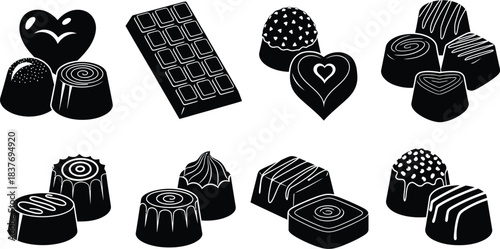 Assorted chocolate sweets collection with heart shapes on transparent background silhouette