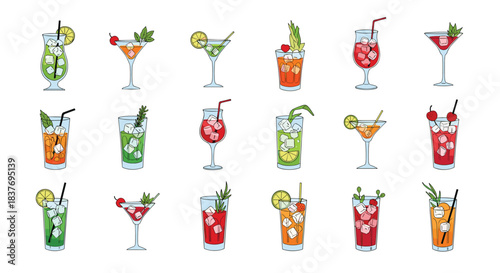 Big collection of various alcoholic cocktails like mojitos and martinis in different glasses with garnishes isolated on a white background.